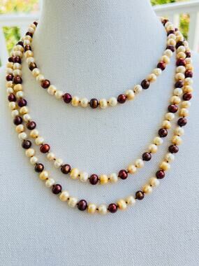 Long Freshwater Pearl Necklace 62" Brown Cream Hand Knotted Sterling Clasp
